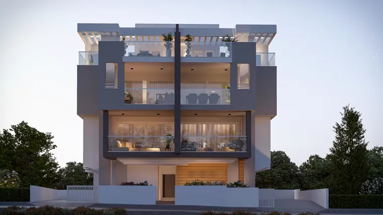 The Dex building at dusk with lit balconies